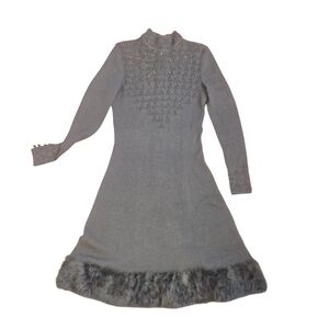 Vintage 1960s Black Knit Midi Dress With Crocheted Bodice And Faux Fur Trim
